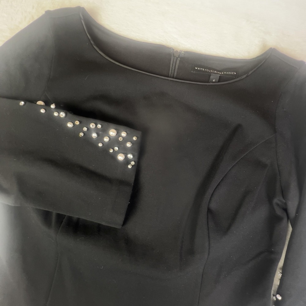 White House Black Market‎ Blouse Womens 6 Black Pearl Beaded Sleeve Stretch Knit